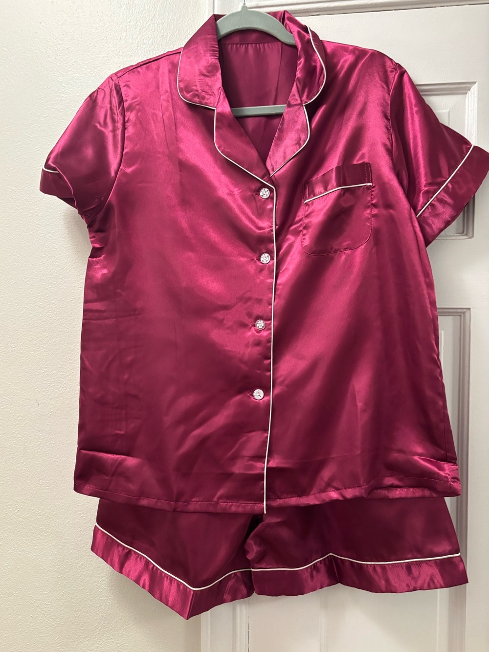 2 PC Silky Satin Shirt and Short Pants in Shiny Maroon/Magenta 
Size 7 Junior